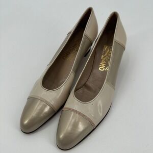 Salvatore Ferragamo Two-Tone Cream and Gold Leather Pumps